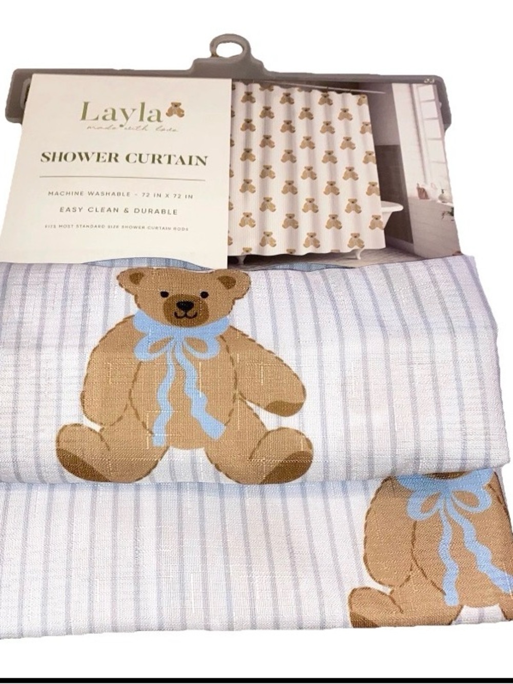 Teddy Bear Theme Layla Shower Curtain Striped Oeko-Tex Standard 100 Bathroom